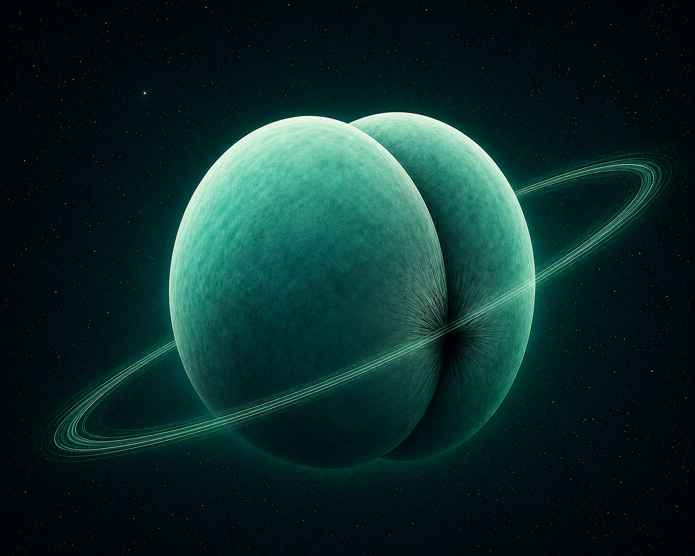 Uranus with its rings glowing teal in deep space